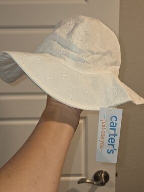 Carter's White Eyelet Sun Hat with Floral Embroidery